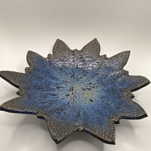 Unmarked Blue & Black Leaf-Shaped Ceramic Studio Pottery Dish